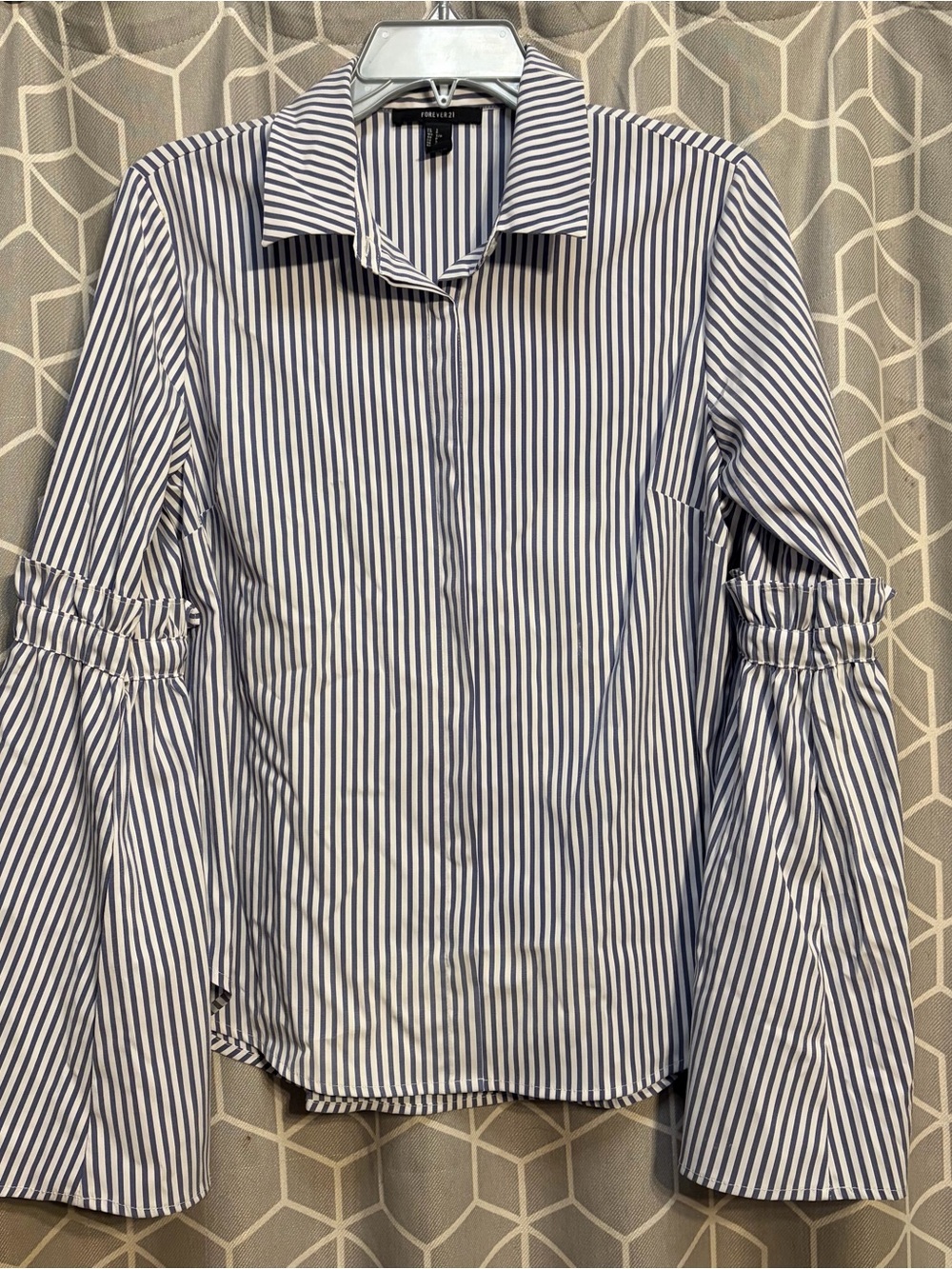 Forever 21 Blue and White Striped Button-Down Shirt with Ruched Bell Sleeves